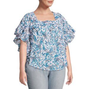 Terra & Sky Women's Plus Size Square Neck Paisley Blue Peasant Top Size 1X